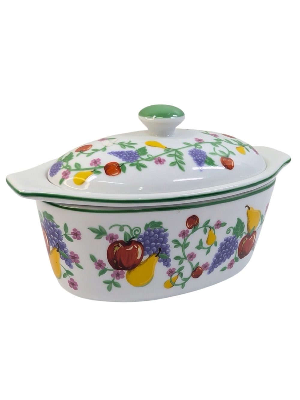 French Covered Butter Bell Dish White Multicolor Fruit 3 Piece Cook St Vintage